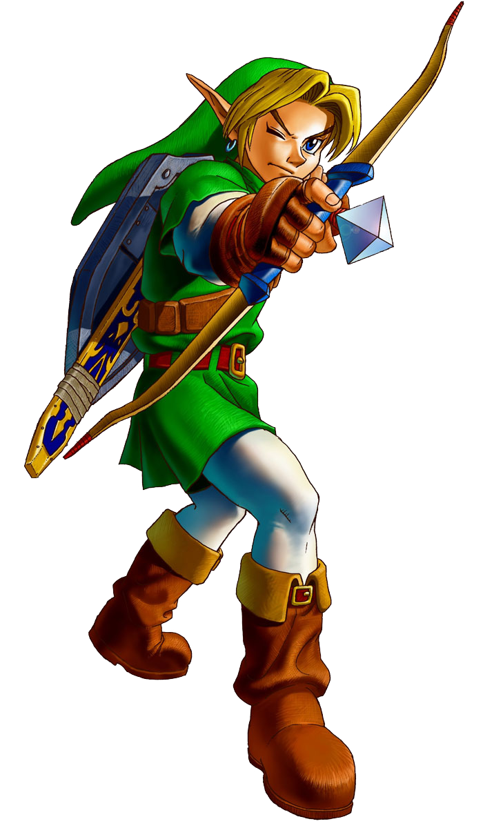 A traditional illustration of Link aiming his bow. He's a blond with long pointed ears and blue eyes, and he's wearing a green tunic and hat, white leggings, and slouchy brown boots.