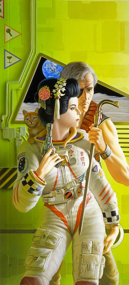 A woman in a form-fitting spacesuit stands in profile with a laser pistol at the ready. Her hair is done up geisha style, decorated with cultural ornaments in red and gold. On her shoulder rests an orange tabby cat with blue eyes. A man with grey hair, thin mustache, and eye patch stands behind her, possibly using her for cover. His arm extends enough forward that his bronze cane bars her way. The metallic wall behind them is a vibrant lime green. A long triangular viewport provides a closeup of the moon with dunes of regolith in close proximity. The Earth floats just beyond against the blackness of space. A woman in a form-fitting spacesuit stands in profile with a laser pistol at the ready. Her hair is done up geisha style, decorated with cultural ornaments in red and gold. On her shoulder rests an orange tabby cat with blue eyes. A man with grey hair, thin mustache, and eye patch stands behind her, possibly using her for cover. His arm extends enough forward that his bronze cane bars her way. The metallic wall behind them is a vibrant lime green. A long triangular viewport provides a closeup of the moon with dunes of regolith in close proximity. The Earth floats just beyond against the blackness of space.