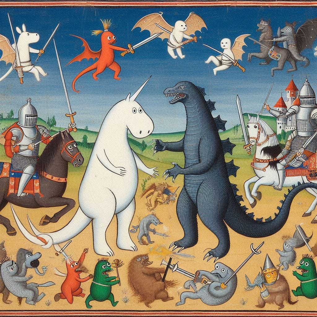 create a medieval painting of a battle between moomins and godzilla. All a bunch of weird medieval details.