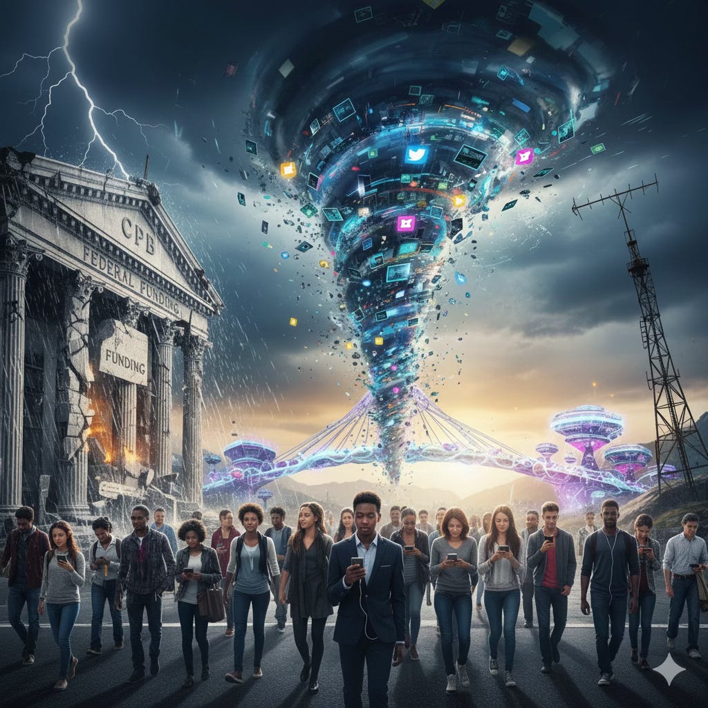 A visual metaphor for public media's crisis: a collapsing federal funding building, a digital tornado of new platforms attracting mobile-focused audiences, and traditional broadcast towers in the background, all under stormy skies. A visual metaphor for public media's crisis: a collapsing federal funding building, a digital tornado of new platforms attracting mobile-focused audiences, and traditional broadcast towers in the background, all under stormy skies.