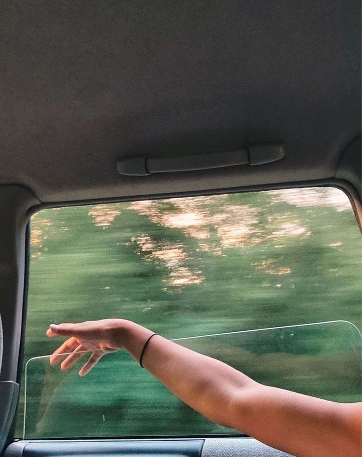 This may contain: a person's hand reaching out the window of a car with trees in the background