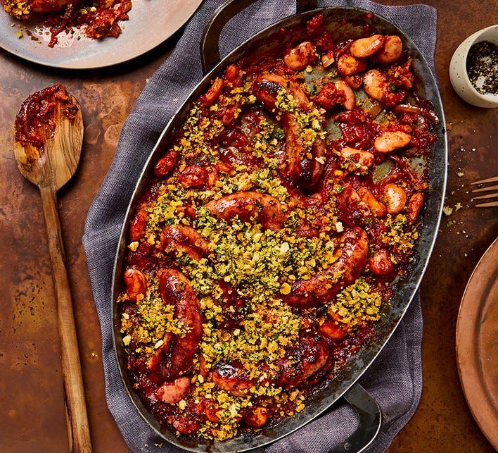 Sausage bean casserole served in a large casserole dish Sausage bean casserole served in a large casserole dish