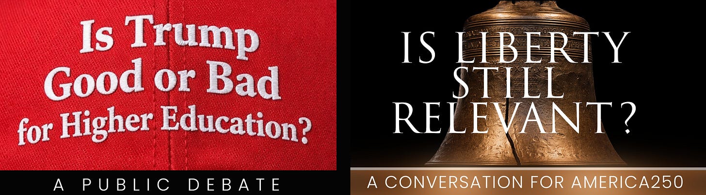 Hero banner for both events, "Is Trump Good for Higher Education" and "Is Liberty Still Relevant?"