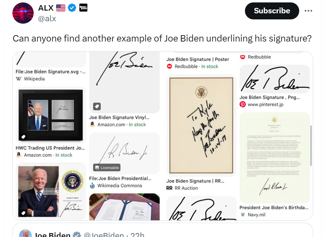 Images of Joe Biden's signature where he did not underline his name like he did in his resignation letter.