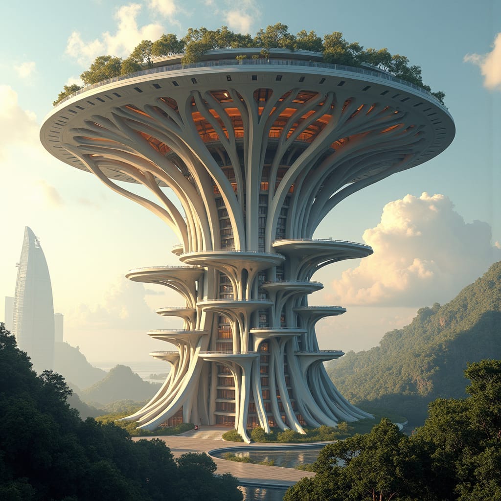 A commercial building shaped like a massive futuristic tree, with large branches extending outward to form outdoor terraces and platforms. The structure is made of glass and metal, designed to blend with the natural surroundings. The “trunk” of the building houses elevators, and the “branches” offer open, flexible spaces for retail and office use. The entire building is self-sustaining, with solar panels on the roof and a rainwater harvesting system. Nature-inspired, tree-like structure, organic design, futuristic sustainability.
