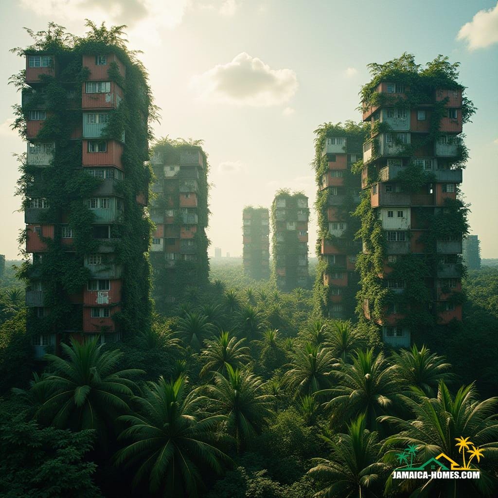 Vertical Jungle Towers: Biophilic skyscrapers where vines and tropical trees weave through stacked container homes
