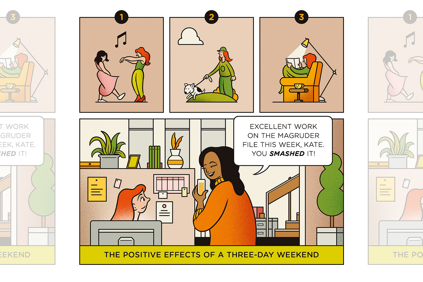 comic strip illustrating the positive effects of a threeday weekend with a person dancing walking a dog reading and... comic strip illustrating the positive effects of a threeday weekend with a person dancing walking a dog reading and...