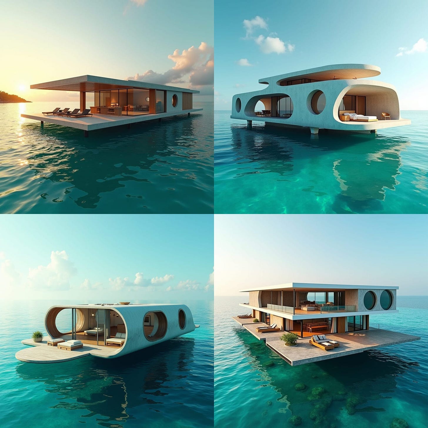 A luxurious, modern, one-story, five-bedroom Jamaican floating home, suspended in the turquoise ocean, with rounded windows reflecting the sun's warm glow, standing on concrete platforms that seamlessly blend with sleek glass and warm wood accents