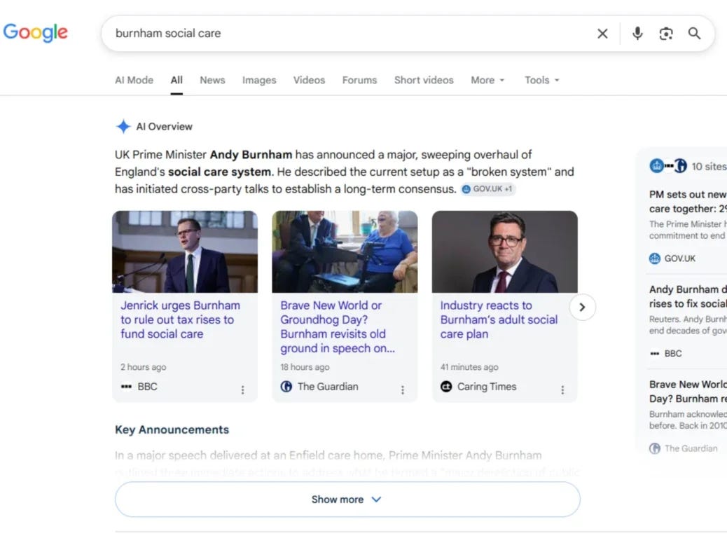 Top Stories carousel in AI Overview result for 'burnham social care' search in the UK on 30 July 2026