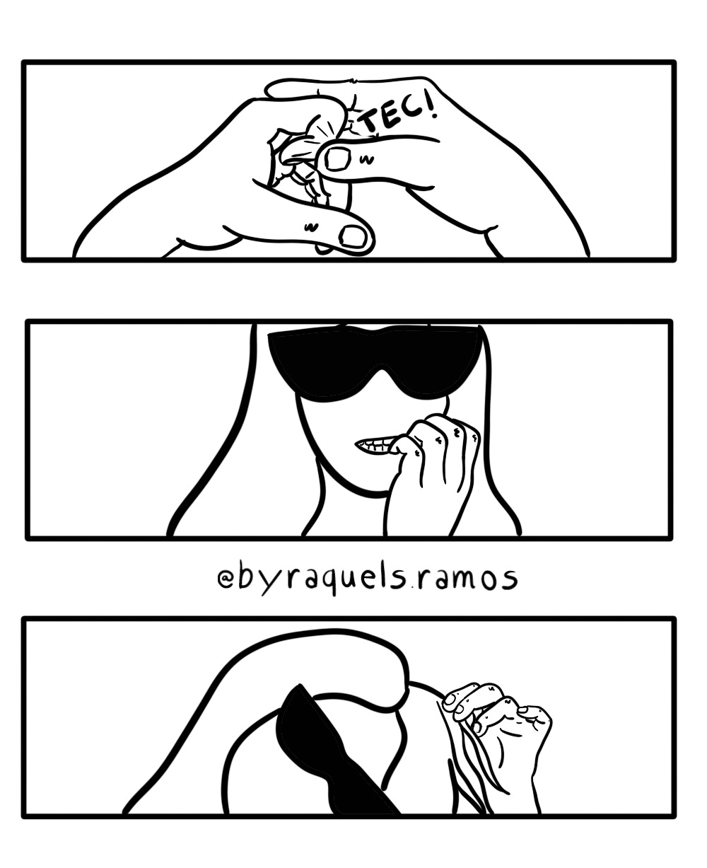 Tirinha preta e branca em três quadros que mostra uma personagem mulher de cabelo longo e óculos escuros. No primeiro quadro ela estala os dedos, no segundo rói unhas, no terceiro puxa mechas do cabelo.