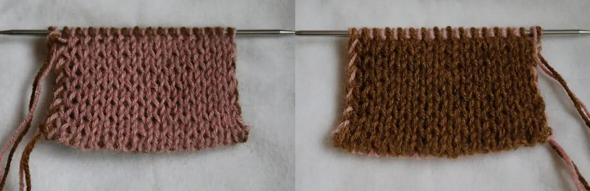 The front and back of a double-knitted swatch in brown and pink.