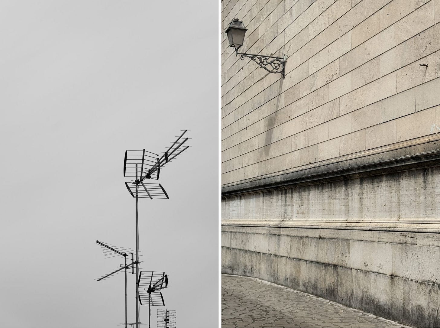 diptych of antennae against cloudy sky next to a photo of a solitary streetlamp casting a shadow on a textured urban wall, emphasizing negative space and quiet geometry.