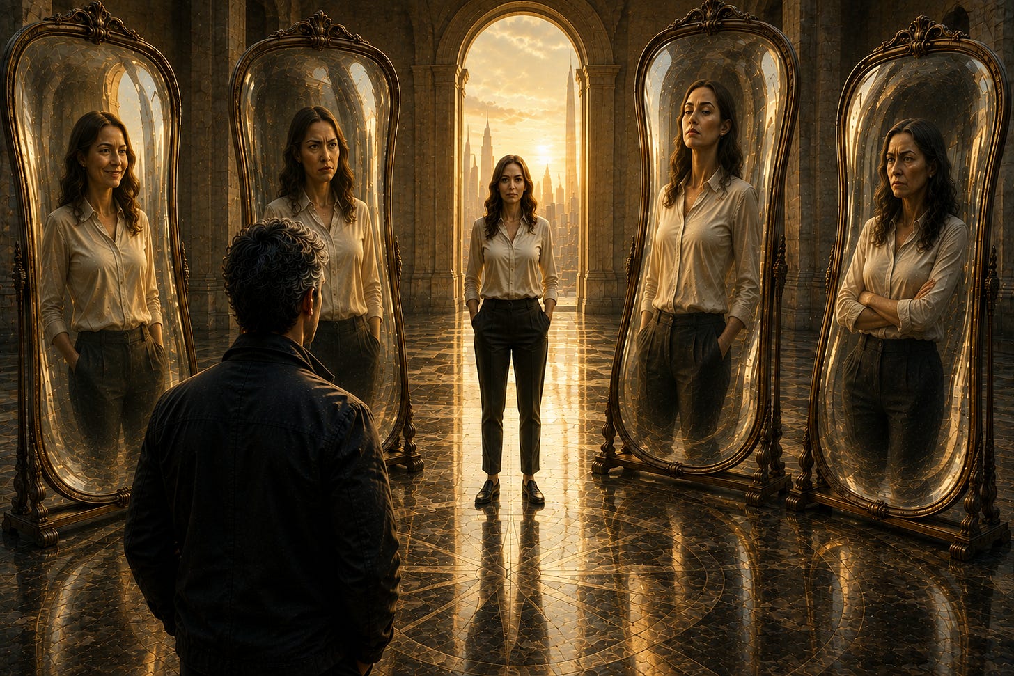 A man faces a woman surrounded by four distorted mirror reflections, illustrating fluent misunderstanding and how the same communication can produce different interpretations.