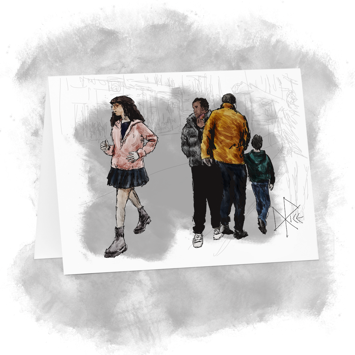 Two men bump shoulders while walking in opposite directions on the sidewalk. One was distracted by his phone and a woman in front, the other preoccupied with listening to the boy walking beside him. Sketch art by Don Rice. Two men bump shoulders while walking in opposite directions on the sidewalk. One was distracted by his phone and a woman in front, the other preoccupied with listening to the boy walking beside him. Sketch art by Don Rice.