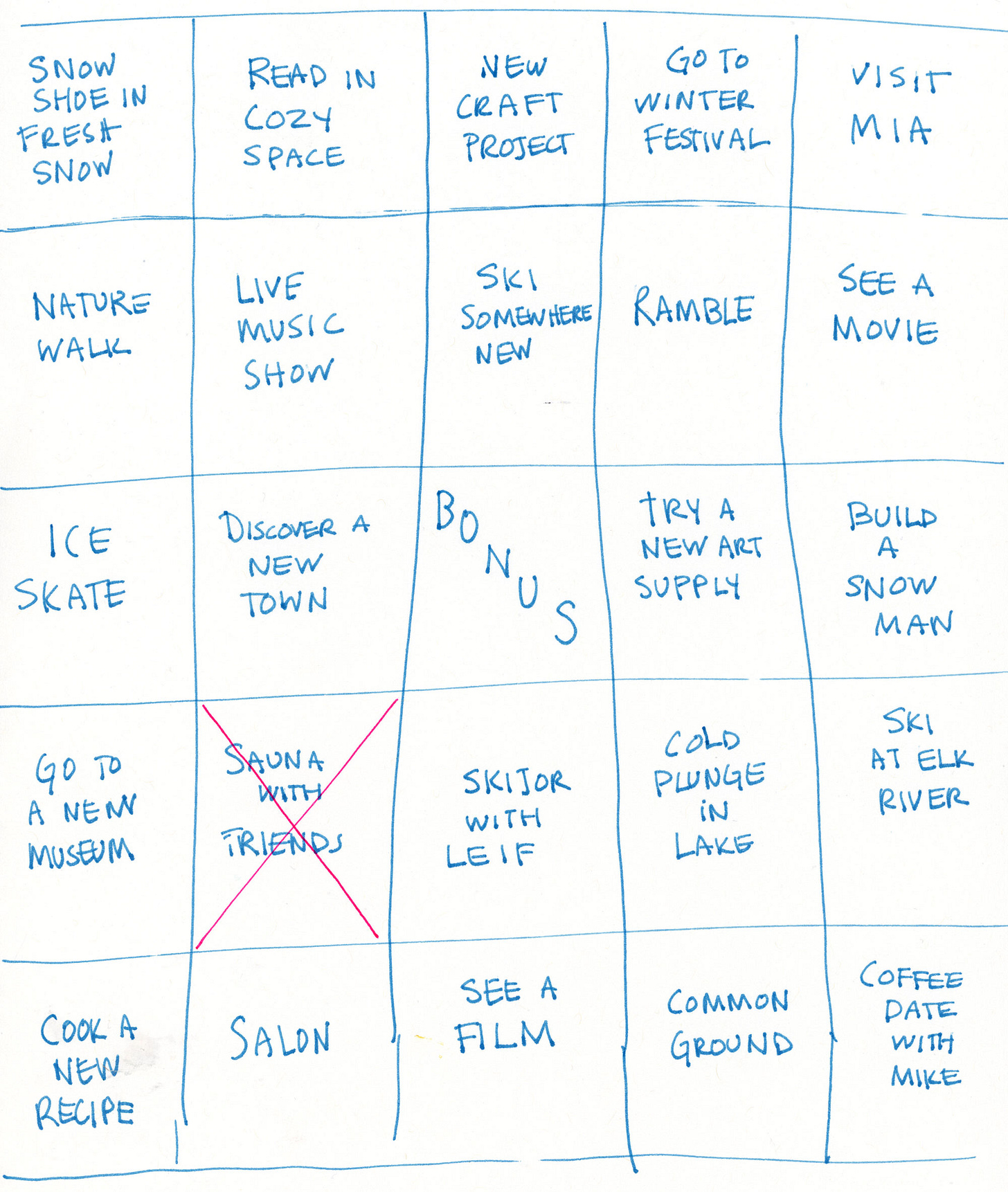 Joy Bingo board by cartoonist K. Woodman-Maynard featuring her favorite winter activities.