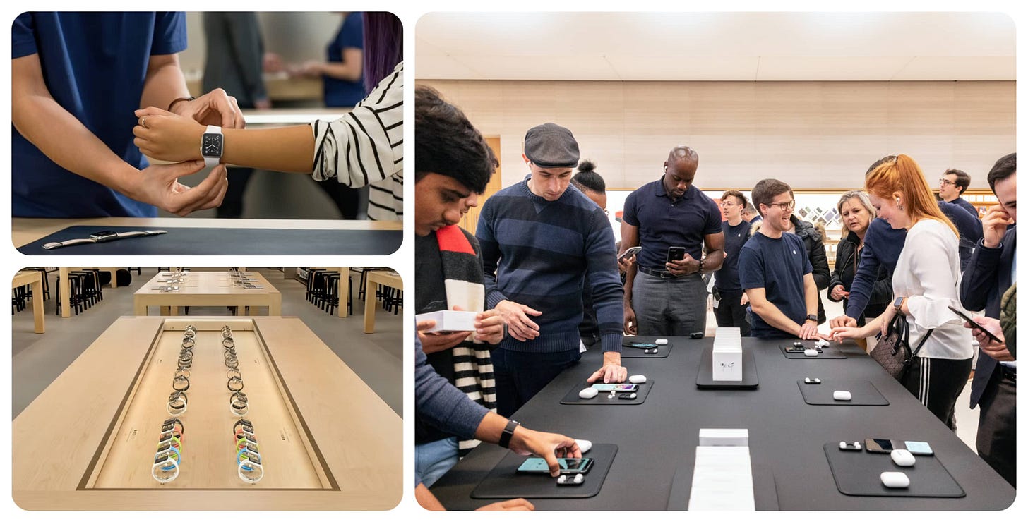 A grid of three images representing the Apple Watch try-on and merchandising experience, and launch day demo of AirPods Pro.