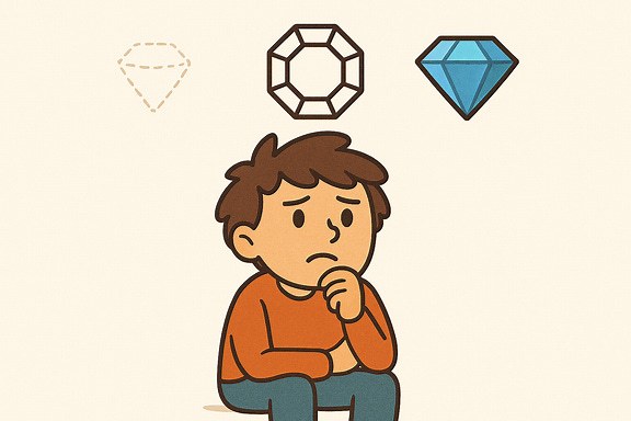 a wide image of a cartoon person sitting and thinking deeply, centered horizontally, with three gems in an arc above their head: one to the left, one directly above, and one to the right. The gems represent thoughts, progressing from a faint, incomplete outline to a fully formed, colorful gem.