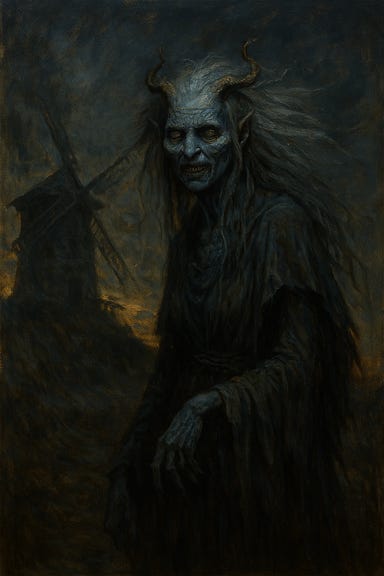 Morgantha in her true Night Hag form, visually inspired by Tilda Swinton, stands in the veil realm beyond Old Bonegrinder. Her skin is dead blue and mottled with arcane scars, her eyes sunken and glowing faintly with candle-rot yellow. Ram-like horns curl from her scalp, tangled in bramble and bone charms. Her teeth are jagged and waxy, her fingers clawed and dripping with planar residue. She wears a tattered plum shawl over a gown stitched from dream-silk and regret. Mist coils around her feet, and behind her, the veil pulses with memories not her own. The atmosphere is eerie, ancient, and steeped in supernatural dread—capturing the moment she prepares to sever Franz’s tether. Morgantha in her true Night Hag form, visually inspired by Tilda Swinton, stands in the veil realm beyond Old Bonegrinder. Her skin is dead blue and mottled with arcane scars, her eyes sunken and glowing faintly with candle-rot yellow. Ram-like horns curl from her scalp, tangled in bramble and bone charms. Her teeth are jagged and waxy, her fingers clawed and dripping with planar residue. She wears a tattered plum shawl over a gown stitched from dream-silk and regret. Mist coils around her feet, and behind her, the veil pulses with memories not her own. The atmosphere is eerie, ancient, and steeped in supernatural dread—capturing the moment she prepares to sever Franz’s tether.