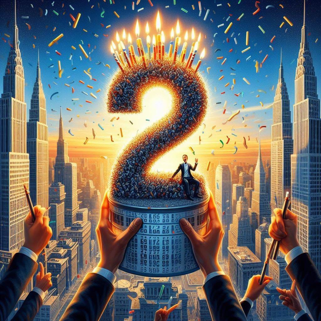 Give me an image to celebrate the doubling of an index fund. The image should be celebratory in nature, but also indicate the fact that the fund went up and down along the way to reach here. It did so in 7 years and 3 months. Please use the digit 2 as part of the image and no text in the image