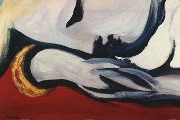 Pablo Picasso's Rest, which depicts someone lying down, face tucked into their hand, looking asleep and at peace, on red fabric, with blonde hair