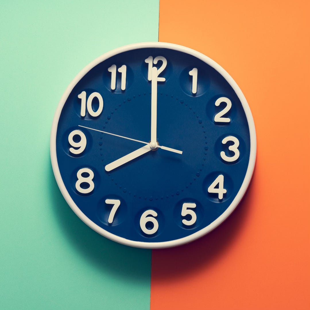 Retro alarm clock on green and orange table, vintage style