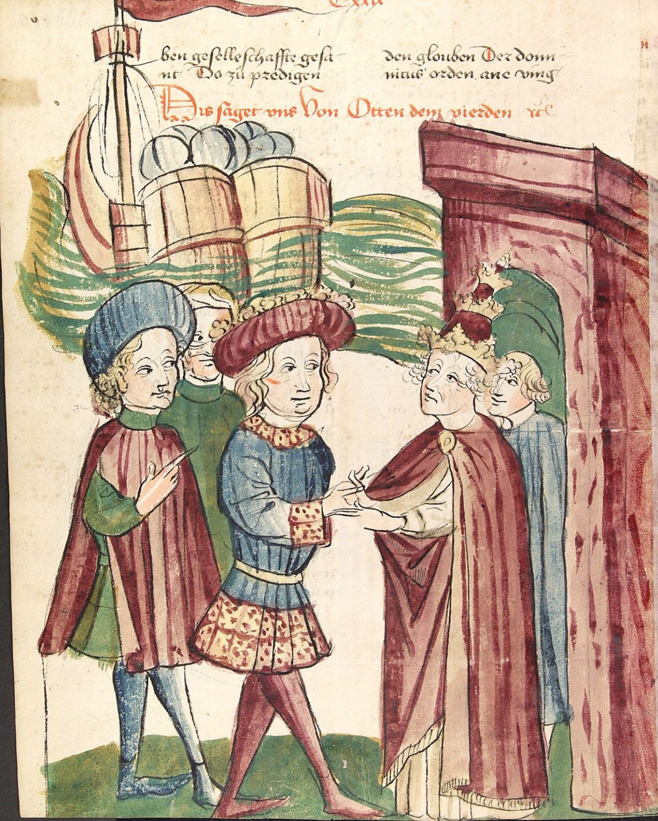 Emperor Otto and Pope Innocent III, allies against the House of Hohenstaufen, taken from https://de.wikipedia.org/wiki/Otto_IV._(HRR)#/media/Datei:Otto_IV._und_Papst_Innocenz_III._reichen_sich_vor_den_ankommenden_Schiffen_Friedrichs_II._die_H%C3%A4nde.jpg