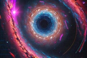 [Image: A computer-generated visualization of a galaxy, with visible matter represented in bright colors and dark matter represented as a translucent halo surrounding the galaxy, accompanied by a graph showing the relationship between visible and dark matter in the simulations.]