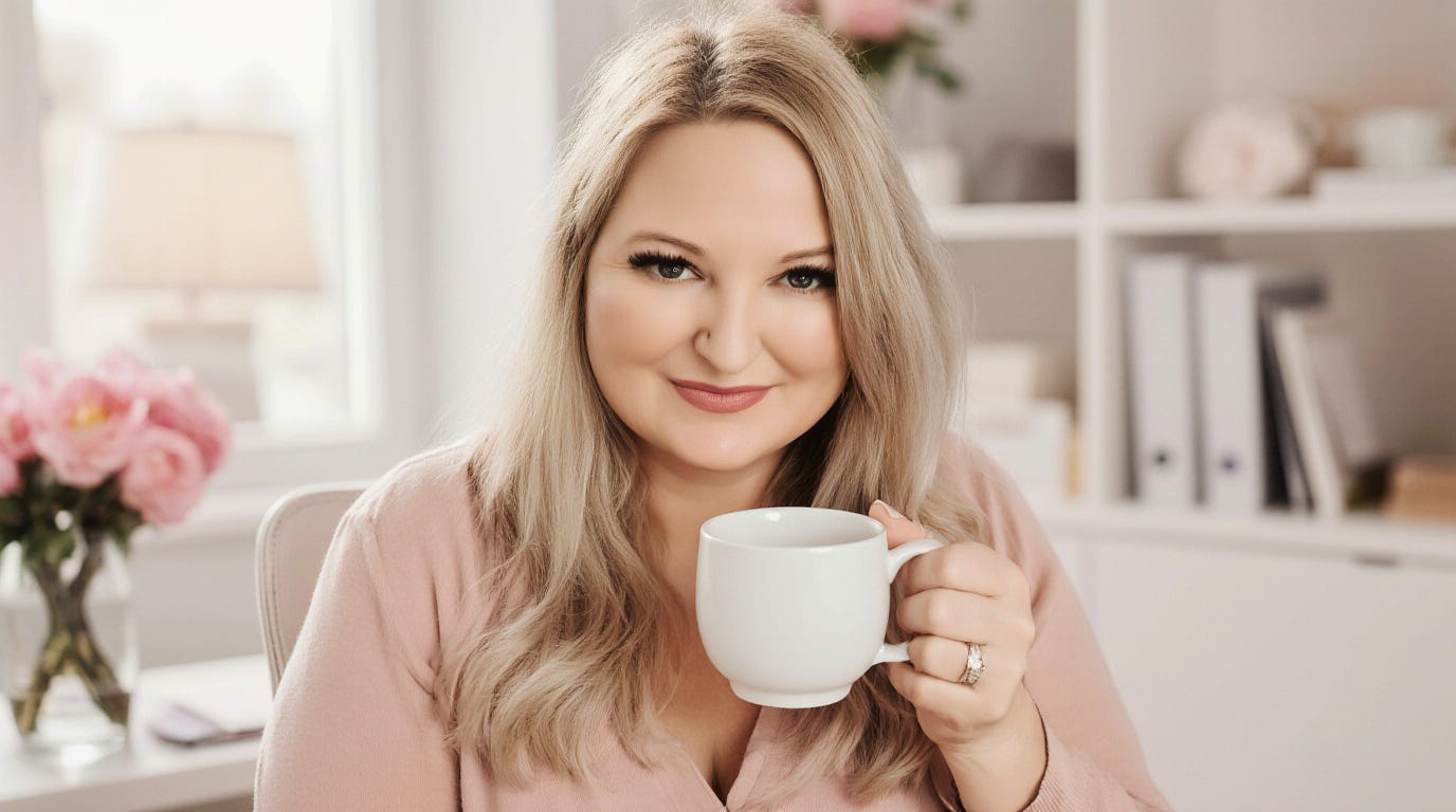 curvy woman with long blonde hair, slight smile on her face, looking at camera, holding a cup of tea, feminine background, office with flowers