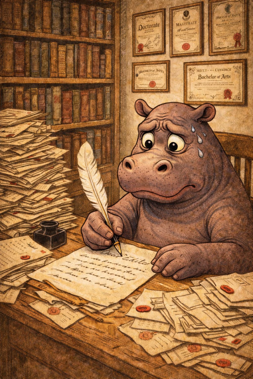 A vintage-style illustration of a thoughtful grey hippo sitting at an old-fashioned wooden desk, writing a letter on parchment with a large quill pen. The desk is almost completely covered with stacks of papers, envelopes, sealed letters, and an ink bottle, leaving only a small clear space for writing. Behind the hippo stands a tall bookshelf filled with worn leather-bound books, and several framed academic degree certificates hang on the wall, suggesting a scholarly setting. The hippo looks focused and slightly worried as it composes the letter.
