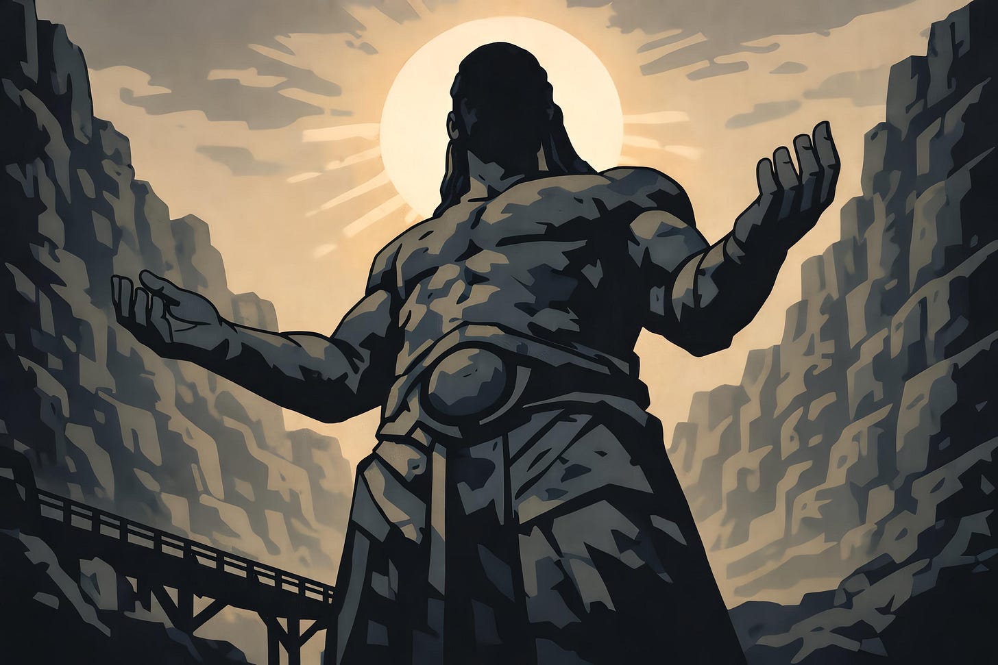 Massive stone statue with arms outstretched towering over a narrow desert gorge, sun positioned behind its head, inspired by Camp Rebirth in Kenshi. Massive stone statue with arms outstretched towering over a narrow desert gorge, sun positioned behind its head, inspired by Camp Rebirth in Kenshi.