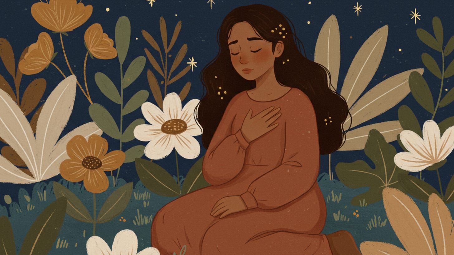Ilustração de uma mulher ajoelhada entre flores em um jardim noturno, com uma mão no peito e olhos fechados em expressão triste e serena. O céu escuro é pontilhado por estrelas, e o ambiente transmite acolhimento, introspecção e delicadeza emocional.