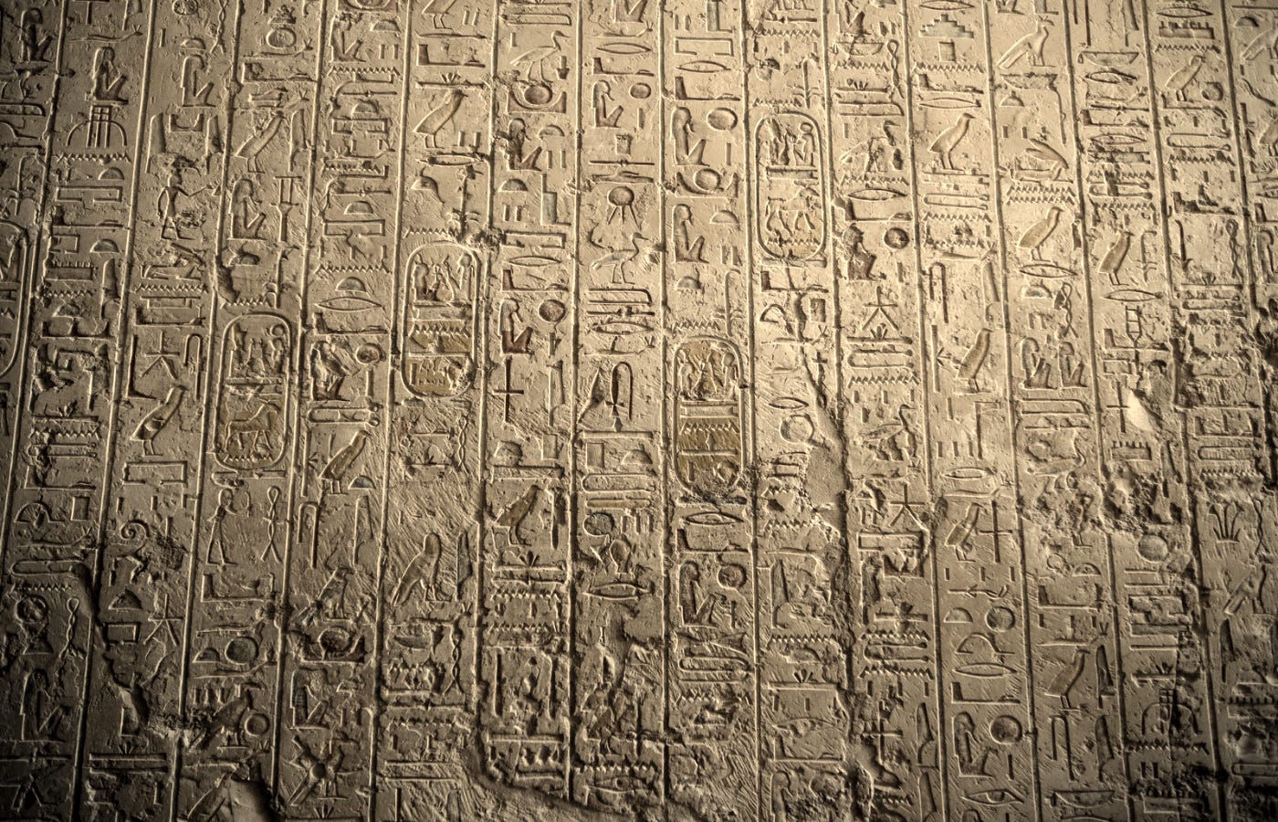A close-up photograph of an ancient Egyptian stone wall covered in carved hieroglyphs, lit from the side to emphasize depth and texture — representing the primordial language through which early mystics recorded the laws of creation.