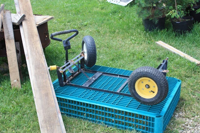 A cart with a broken wheel