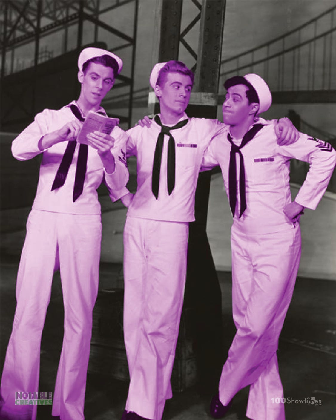 A tinted photo of Cris Alexander, John Battles and Adolph Green in the original Broadway production of On the Town by Leonard Bernstein, Betty Comden, and Adolph Green. A tinted photo of Cris Alexander, John Battles and Adolph Green in the original Broadway production of On the Town by Leonard Bernstein, Betty Comden, and Adolph Green.