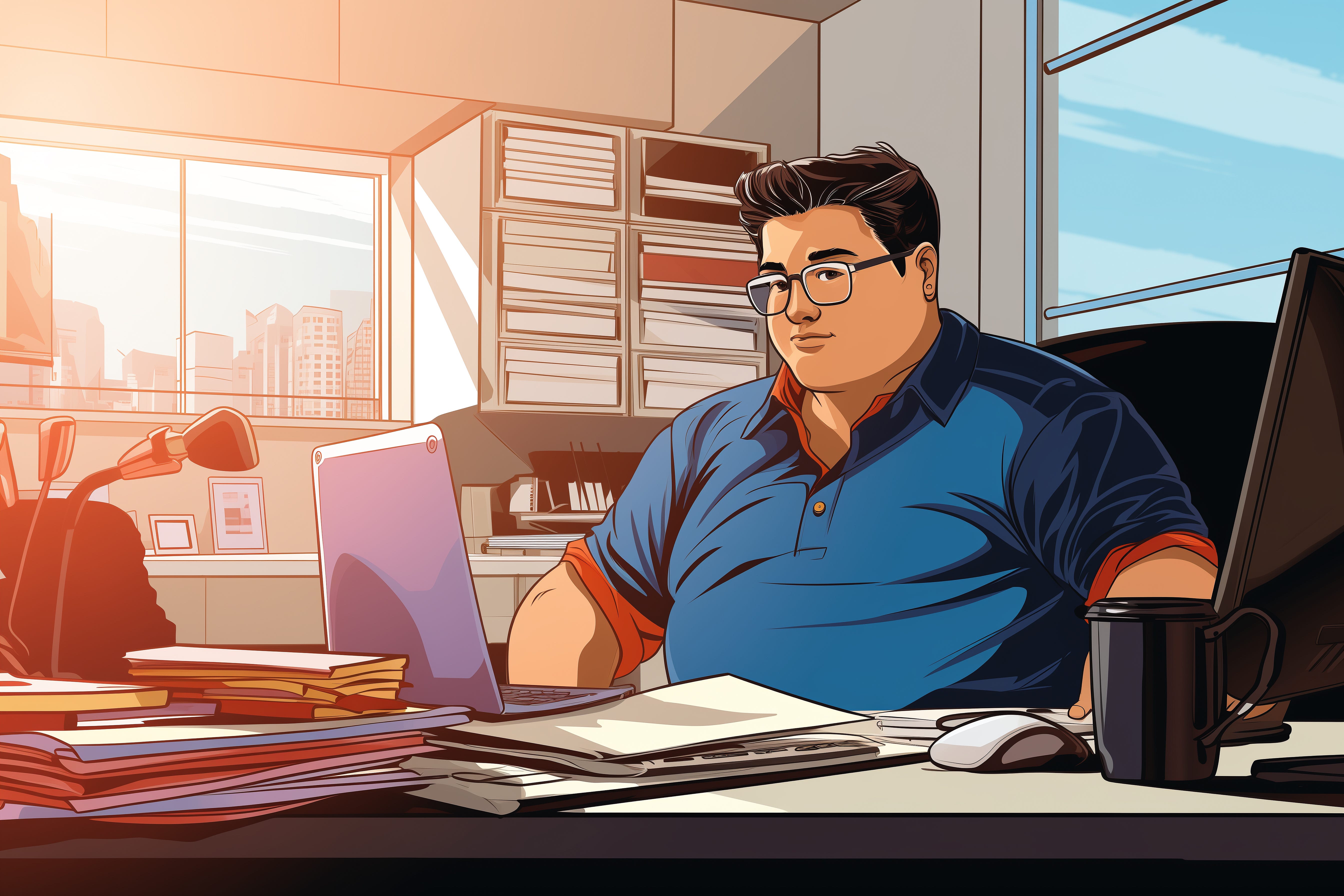 Bespectacled man engrossed in work on his laptop in an office with a cityscape view. Stacks of papers and books clutter his desk, conveying a heavy workload.