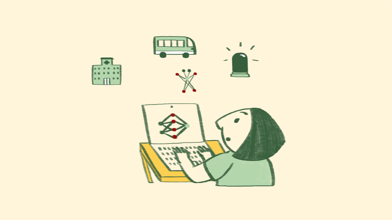 A person with their hands on a laptop keyboard is looking at something happening over their screen with a worried expression. They are white, have shoulder length dark hair and wear a green t-shirt. The overall image is illustrated in a warm, sketchy, cartoon style. Floating in front of the person are three small green illustrations representing different industries, which is what they are looking at. On the left is a hospital building, in the middle is a bus, and on the right is a siren with small lines coming off it to indicate that it is flashing or making noise. Between the person and the images representing industries is a small character representing artificial intelligence made of lines and circles in green and red (like nodes and edges on a graph) who is standing with its ‘arms’ and ‘legs’ stretched out, and two antenna sticking up. A similar patten of nodes and edges is on the laptop screen in front of the person, as though the character has jumped out of their screen. The overall image makes it look as though the person is worried the AI character might approach and interfere with one of the industry icons. A person with their hands on a laptop keyboard is looking at something happening over their screen with a worried expression. They are white, have shoulder length dark hair and wear a green t-shirt. The overall image is illustrated in a warm, sketchy, cartoon style. Floating in front of the person are three small green illustrations representing different industries, which is what they are looking at. On the left is a hospital building, in the middle is a bus, and on the right is a siren with small lines coming off it to indicate that it is flashing or making noise. Between the person and the images representing industries is a small character representing artificial intelligence made of lines and circles in green and red (like nodes and edges on a graph) who is standing with its ‘arms’ and ‘legs’ stretched out, and two antenna sticking up. A similar patten of nodes and edges is on the laptop screen in front of the person, as though the character has jumped out of their screen. The overall image makes it look as though the person is worried the AI character might approach and interfere with one of the industry icons.