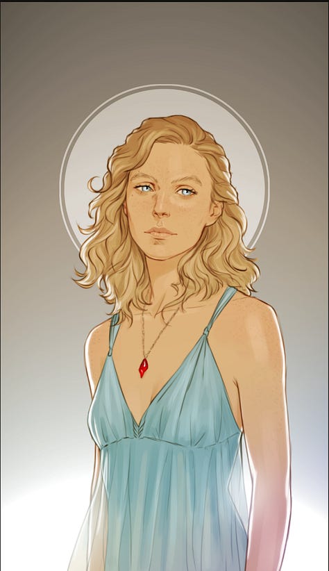 Art by Merwild of the Witchlands characters: Safi, with blonde hair, wavy golden skin, in a blue dress and her ruby Threadstone. Vivia in a blue naval suit with her short dark hair and dark skin. Aeduan with his monk’s uniform, dark hair, and pale skin. Iseult in a brown shirt with a ruby Threadstone at her neck. Her skin is very pale, her hair black and short. Merik is in blue and brown, his scarred face visible and dark hair short.