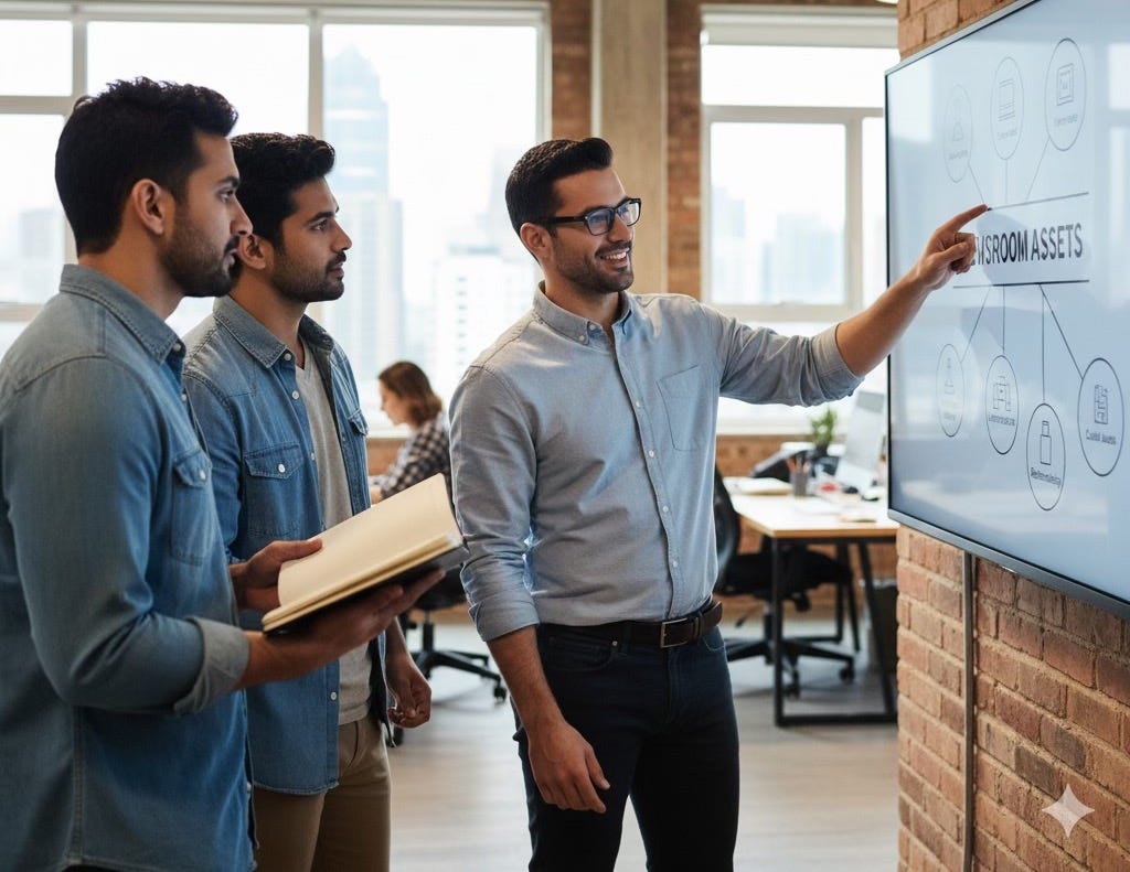 Three colleagues in a modern office collaboratively review a digital whiteboard displaying a mind map of "Newsroom Assets." Three colleagues in a modern office collaboratively review a digital whiteboard displaying a mind map of "Newsroom Assets."