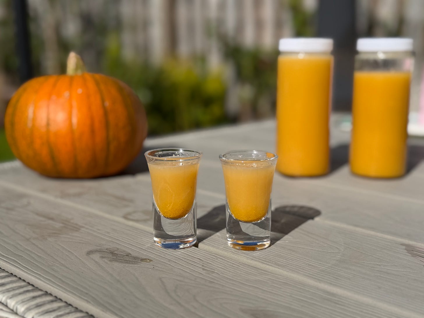 Two shot glasses of homemade ginger juice on a table, with two bottles of the mixture and a pumpkin behind them.
