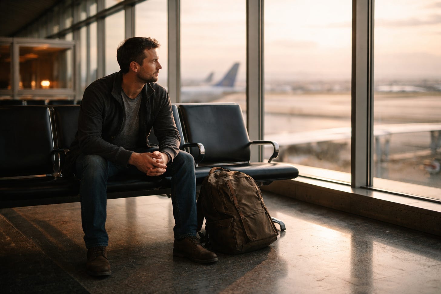 A man sitting in a busy airport, awaiting his flight, and considering the uncertainty of the journey he's about to take A man sitting in a busy airport, awaiting his flight, and considering the uncertainty of the journey he's about to take