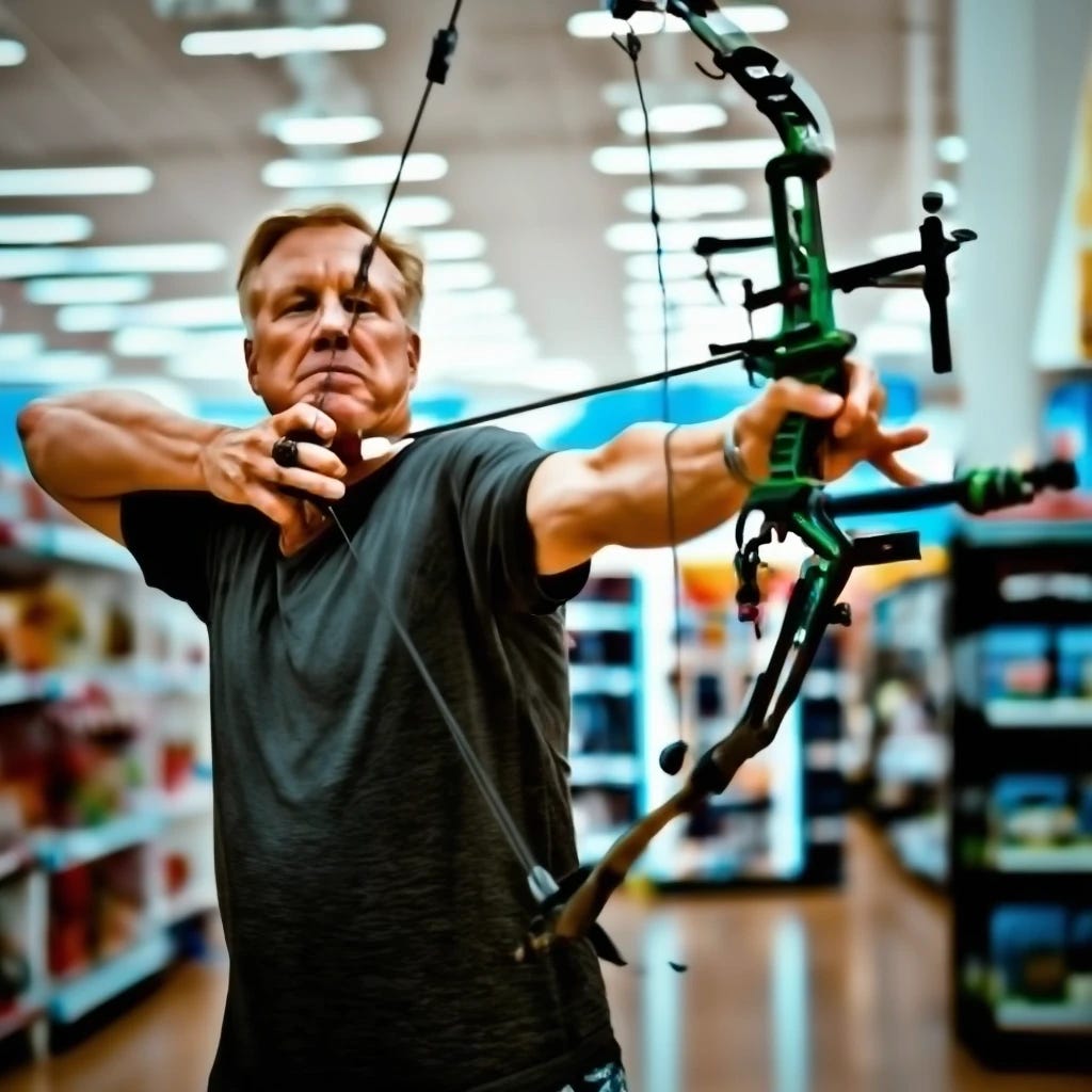 John Elway shooting arrow out of compound bow in department store