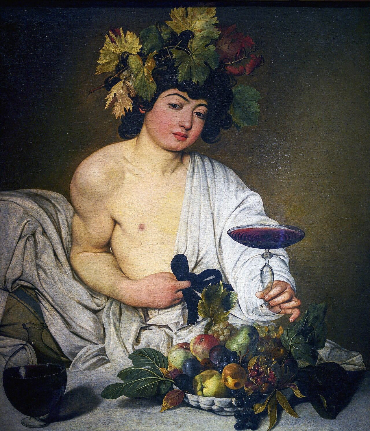 Caravaggio's Bacchus, a young god offering wine with dirty fingernails visible Caravaggio's Bacchus, a young god offering wine with dirty fingernails visible