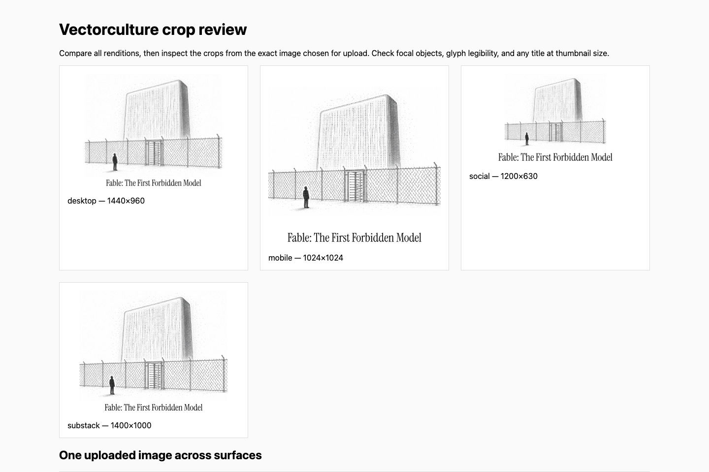 A local Vectorculture page compares monochrome artwork across desktop, mobile, social and Substack crops. A local Vectorculture page compares monochrome artwork across desktop, mobile, social and Substack crops.