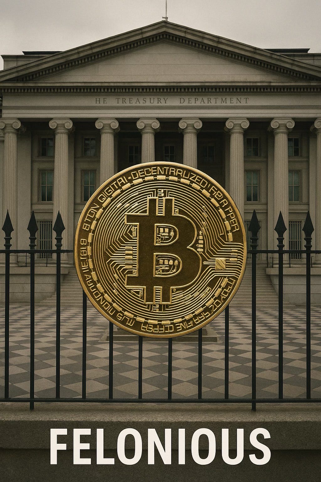 Felonious Bitcoin SealAlt text: A giant gold Bitcoin coin superimposed in front of the Treasury Department, with the word “FELONIOUS” stamped below. Felonious Bitcoin SealAlt text: A giant gold Bitcoin coin superimposed in front of the Treasury Department, with the word “FELONIOUS” stamped below.