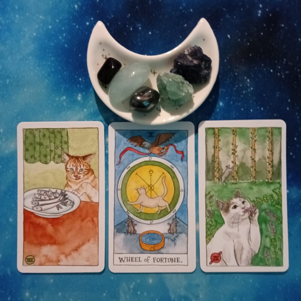 Reward for Your Hard Work ~ a Message From the Universe, 2 Cat Tarot cards and crystals on a starry blue background Reward for Your Hard Work ~ a Message From the Universe, 2 Cat Tarot cards and crystals on a starry blue background