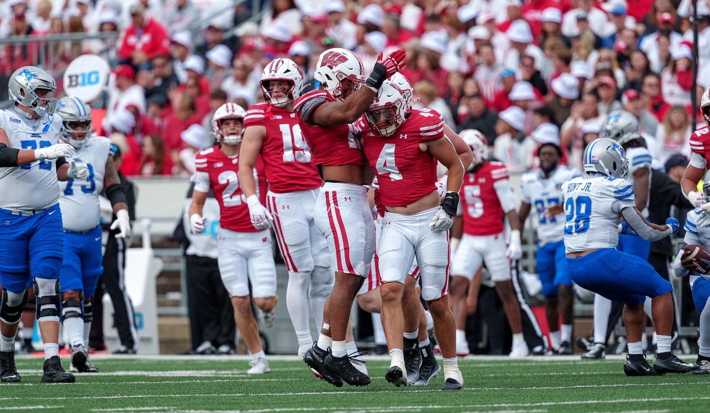 Wisconsin Badgers linebacker Tackett Curtis celebrates a defensive stop against Middle Tennessee State Wisconsin Badgers linebacker Tackett Curtis celebrates a defensive stop against Middle Tennessee State