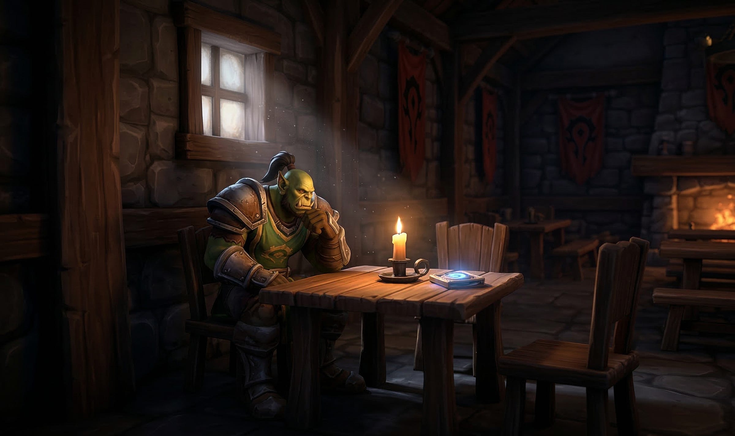 A lone orc warrior sitting at a wooden table in a dimly lit inn, staring at a glowing blue hearthstone by candlelight, with empty chairs and a fireplace in the background