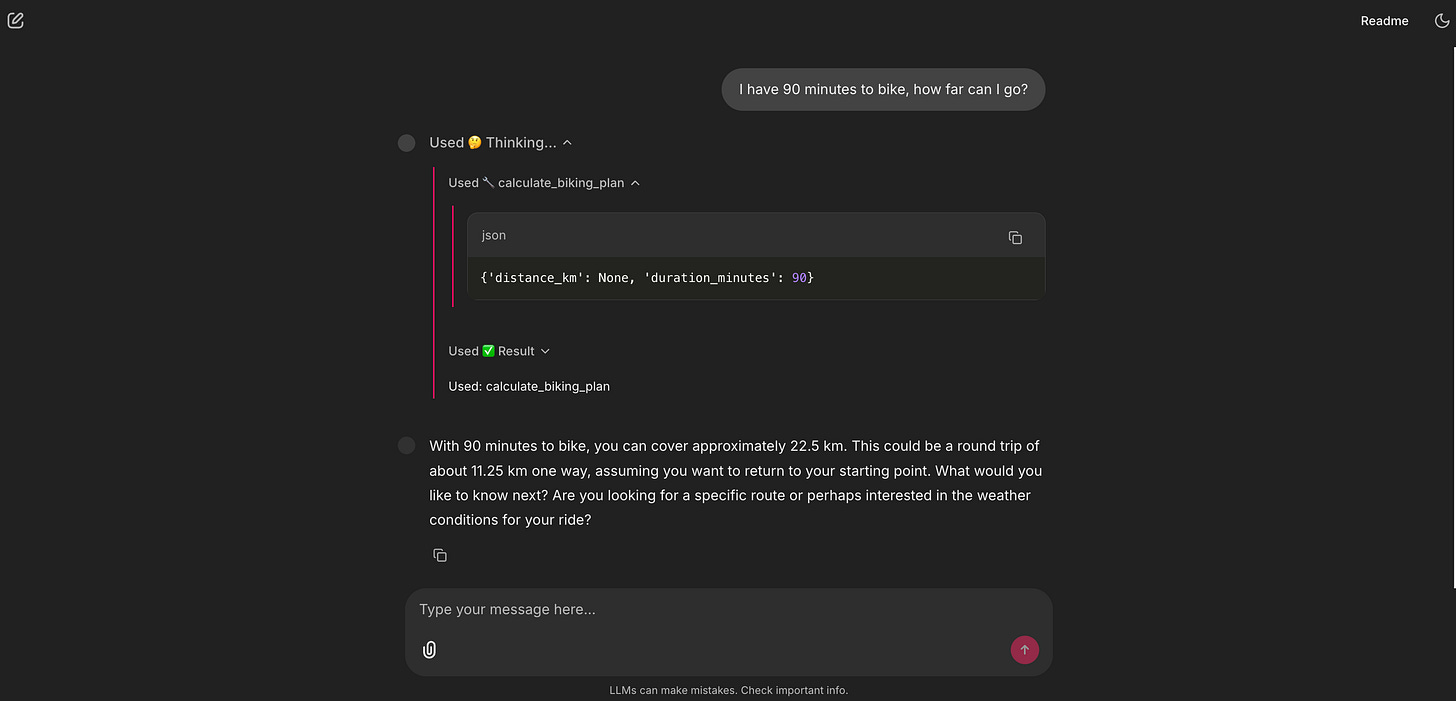 A screenshot showing the agent’s thought process, calling the calculator tool with the argument ‘duration_minutes: 90’.