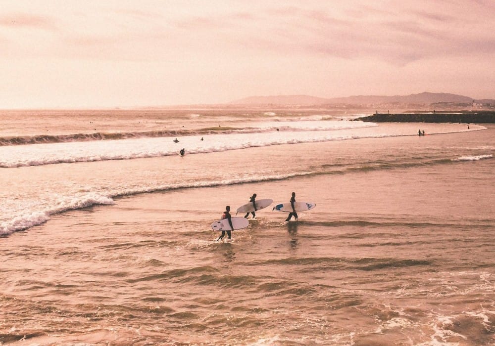 Three surfers walking through waves during a rose sunrise Three surfers walking through waves during a rose sunrise