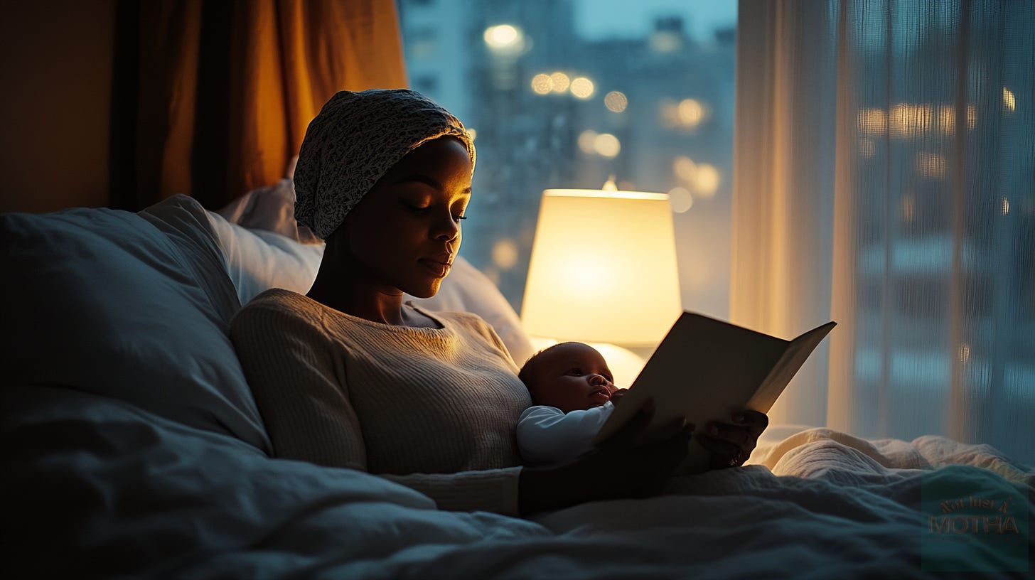 A Black woman with a baby in bed, reading a book at night. The light from a lamp illuminates the scene, and a city skyline is visible through the window. 